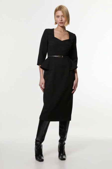 Black Midi Dresses Karen Millen Structured Crepe Long Sleeve Belted Tailored Pencil Midi Dress Women