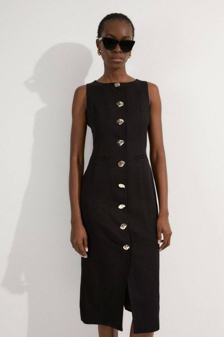 Black Midi Dresses Karen Millen Women Petite Viscose Linen Tailored Statement Button Front Pencil Midi Dress