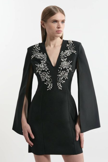 Black Mini Dresses Women Karen Millen Bandage Form Fitting Cape Sleeve Embellished Mini Dress