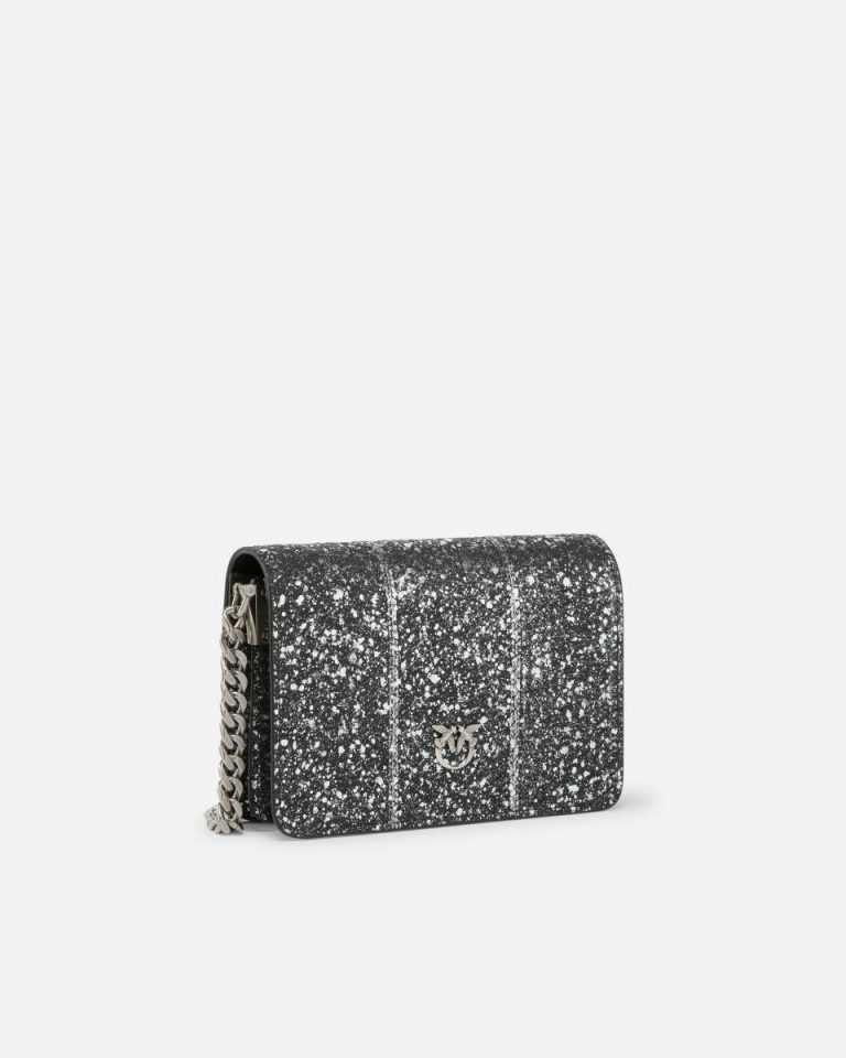 Black-Old Silver Crossbody Bags Pinko Galleria Love Bag Mini Crossbody Bag With Laminated Reptile Skin - Image 2
