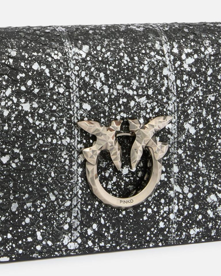 Black-Old Silver Crossbody Bags Pinko Galleria Love Bag Mini Crossbody Bag With Laminated Reptile Skin - Image 3