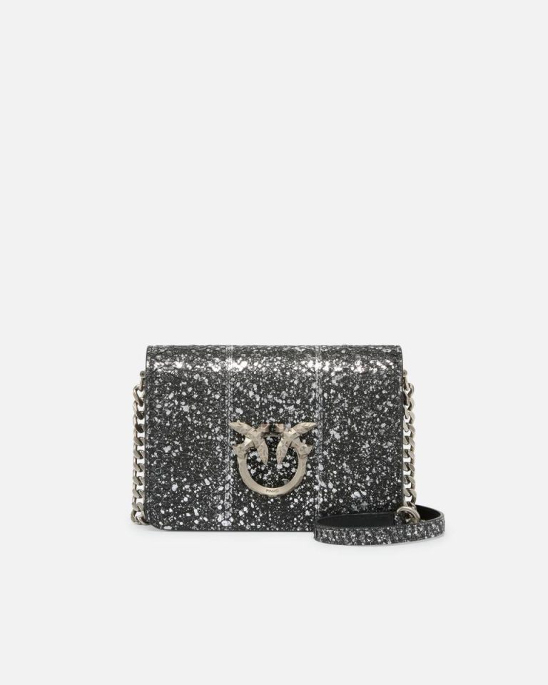 Black-Old Silver Crossbody Bags Pinko Galleria Love Bag Mini Crossbody Bag With Laminated Reptile Skin