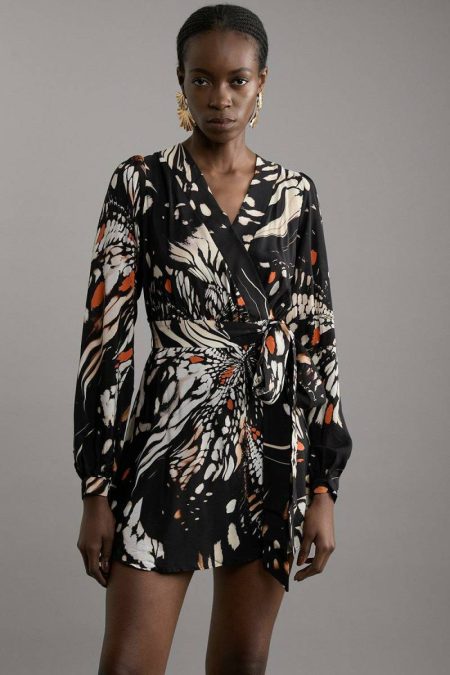 Black Petite Butterfly Print Viscose Crepe Woven Wrap Mini Dress Women Mini Dresses Karen Millen