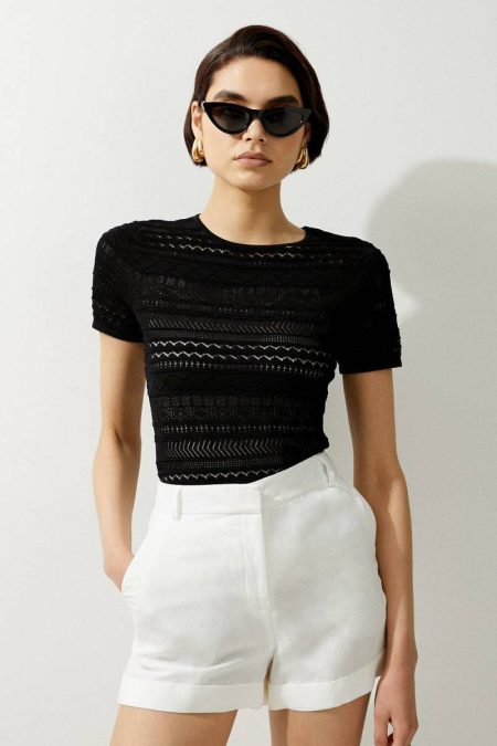 Black Pointelle Knit Racer Tee Tailoring Women Karen Millen