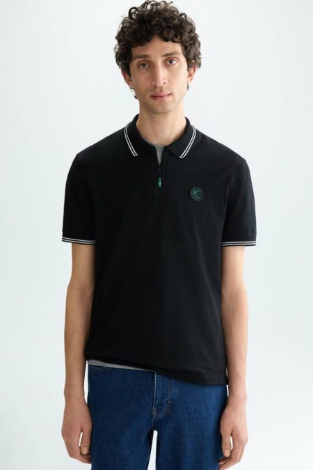 Black Polo Shirts Stretch-Piqué Half-Zip Slim Fit Polo Shirt Purificacion Garci Men