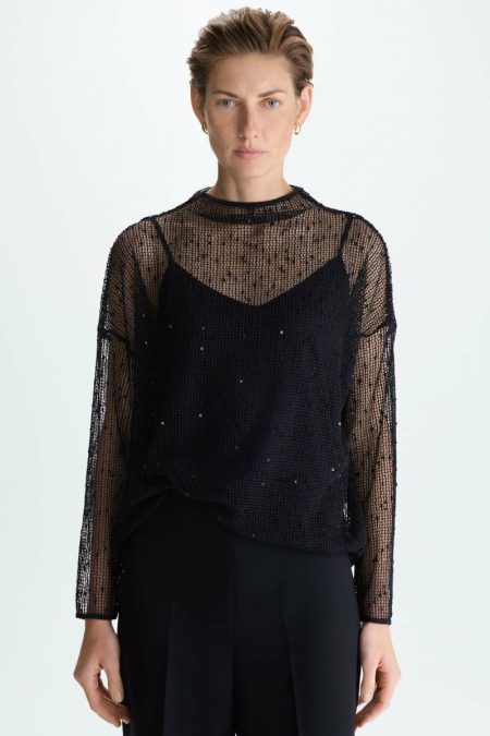 Black Sequinned Mesh Oversize Top Knitwear Women Purificacion Garci