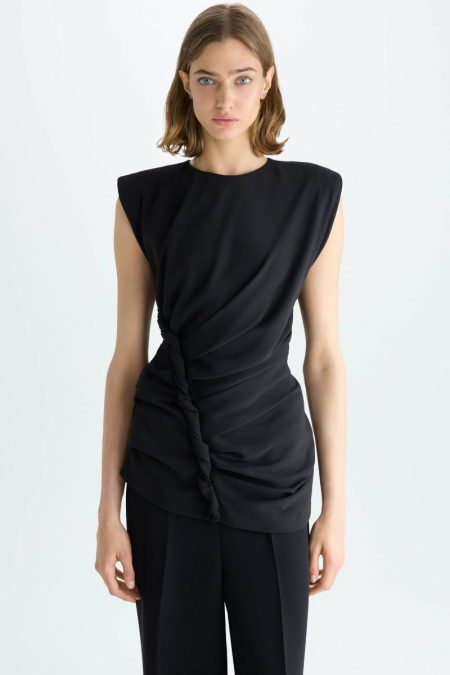 Black Shoulder-Padded Draped Crepe Fitted Top Evening Purificacion Garci Women