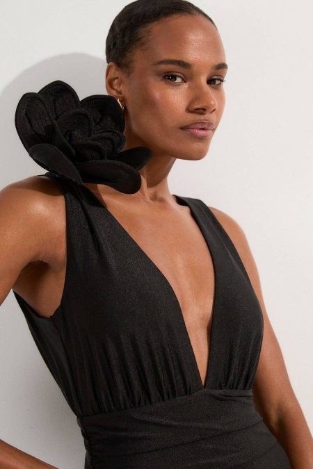 Black Swimwear Women Karen Millen Flower Corsage Plunge Swimsuit