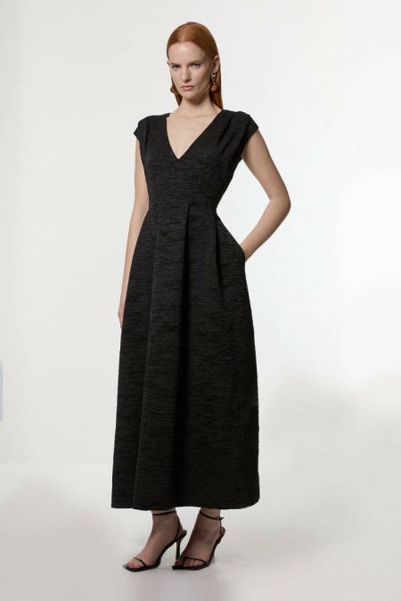 Black Tailoring Crinkle Satin Pleated Sleeveless Full Skirt Tailored Midi Dress Women Karen Millen