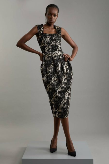 Black Tailoring Karen Millen Petite Metallic Velvet Jacquard Tailored Square Neck Midi Dress Women