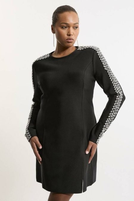 Black Tailoring Plus Size Figure Form Bandage Knit Embellished Mini Dress Women Karen Millen