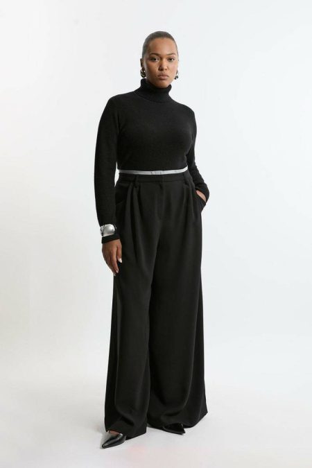 Black Tailoring Plus Size Tailored Crepe Pleat Detail Wide Leg Pants Women Karen Millen