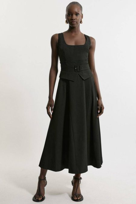Black Tailoring Tailored Full Skirted Panel Belted Midi Dress Women Karen Millen