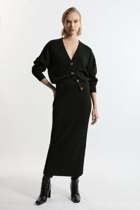 Black Tailoring Women Karen Millen Wool Blend Rib Knit Maxi Skirt