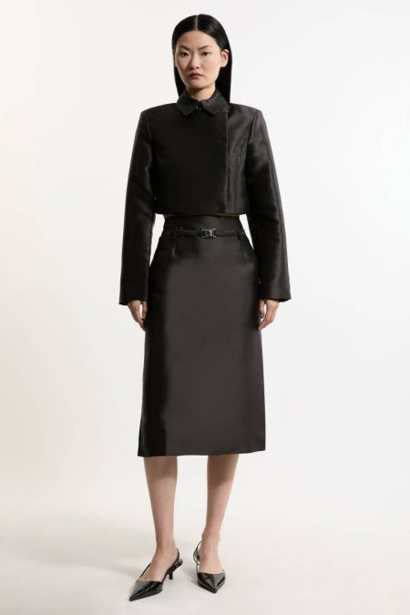 Black The Founder Satin Twill Belted Tailored Midi Skirt Karen Millen Skirts Women