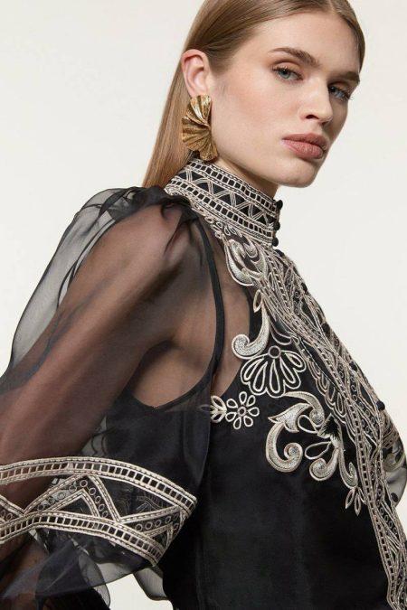 Black Tops Women Embroidered Organdie Woven Balloon Sleeve Shirt Karen Millen