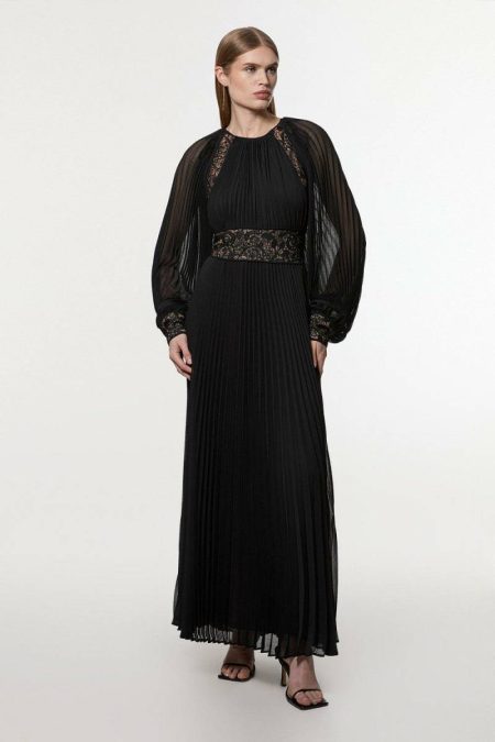 Black Viscose Georgette Pleated Woven Maxi Dress With Sheer Lace Panel Detail Maxi Dresses Women Karen Millen
