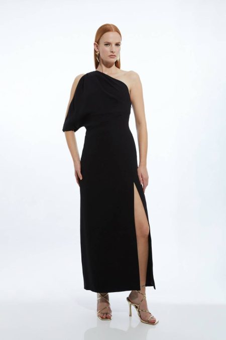 Black Women Karen Millen Petite Tailored Asymmetric Cold Shoulder Maxi Dress Tailoring