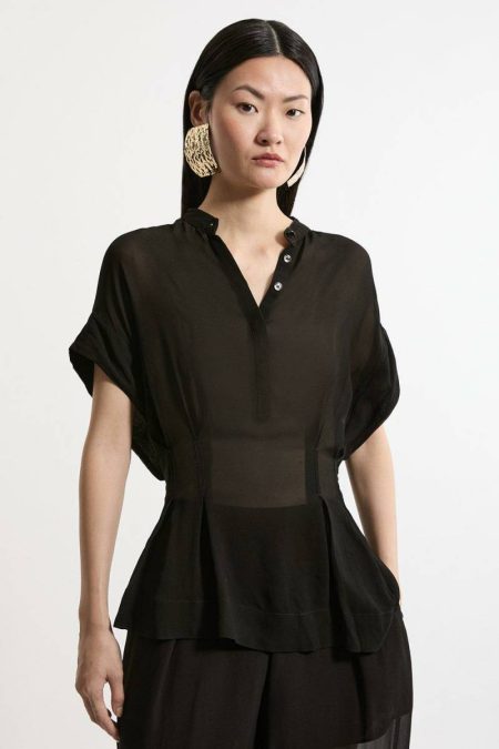 Black Women Karen Millen Sheer Viscose Georgette Pintuck Co-Ord Tops