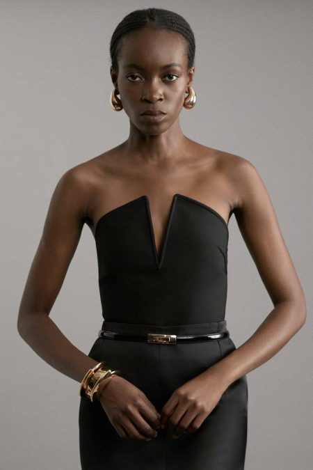 Black Women Karen Millen Tailoring Figure Form Bandage Sharp V Neck Knit Crop Top