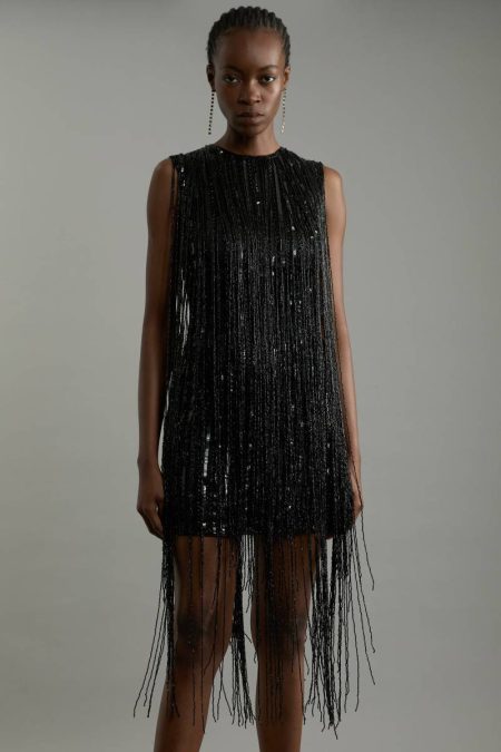 Black Women Karen Millen Tailoring Tall Fringe Woven Sleeveless Midi Dress
