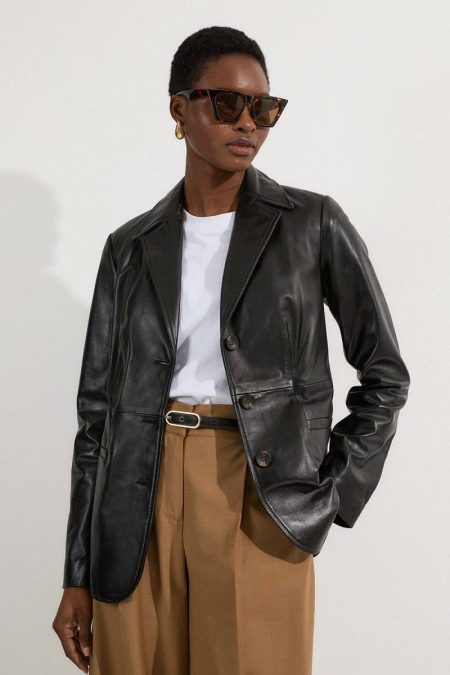 Black Women Leather Tailored Single Breasted Blazer Karen Millen Leather
