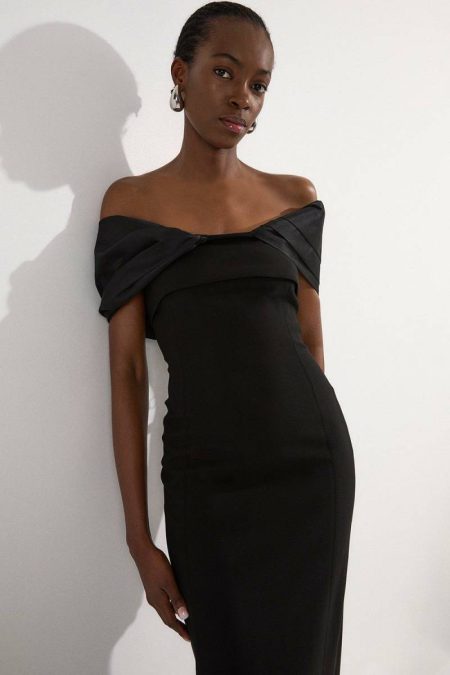 Black Women Maxi Dresses Compact Stretch Taffeta Mix Contrast Drama Sleeve Maxi Dress Karen Millen
