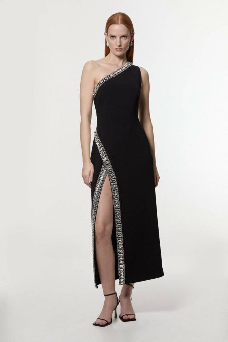 Black Women Maxi Dresses Karen Millen Crystal Embellished One Shoulder Woven Maxi Dress