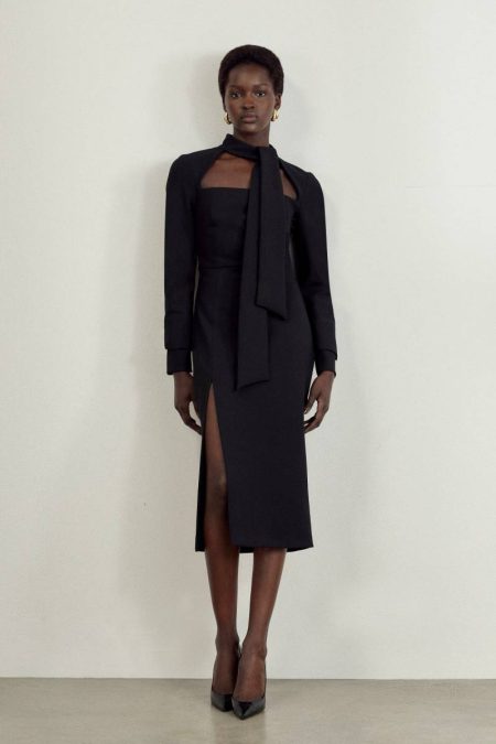 Black Women The Founder Petite Compact Stretch Tailored Tie Neck Pencil Midi Dress Tailoring Karen Millen