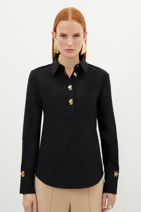Black Women Tops Karen Millen Techno Cotton Woven Co-Ord