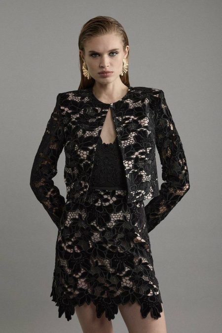 Black Women Velvet Cutwork Lace Detail Jacket Karen Millen Tailoring
