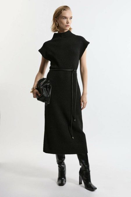 Black Wool Blend Cosy Knit Belted Midi Dress Karen Millen Women Midi Dresses