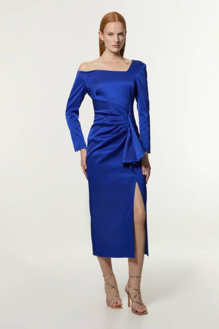 Blue Karen Millen Maxi Dresses Tall Italian Structured Rib Asymmetric Neckline Draped Tailored Midi Dress Women