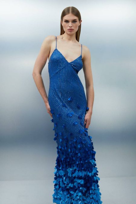 Blue Karen Millen Maxi Dresses Women Floral Applique Woven Strappy Maxi Dress