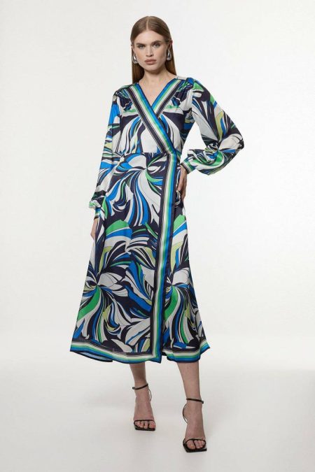 Blue Karen Millen Midi Dresses Floral Printed Woven Wrap Over Midi Dress Women
