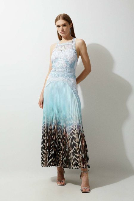 Blue Karen Millen Tailoring Women Guipure Lace Printed Pleated Racer Woven Maxi Dress