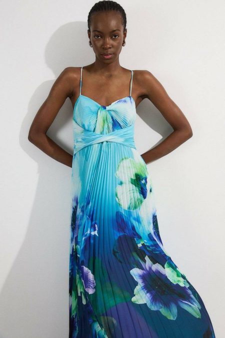 Blue Maxi Dresses Karen Millen Ombre Floral Soft Pleated Woven Strappy Maxi Dress Women