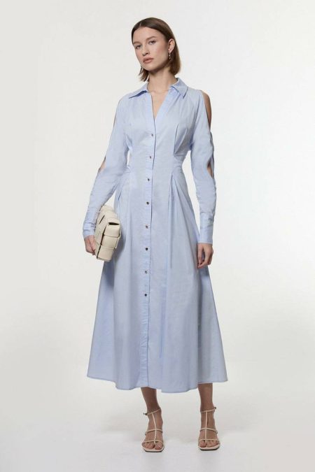 Blue Maxi Dresses Karen Millen Women Petite Cotton Poplin Woven Shirt Dress With Chain Detail