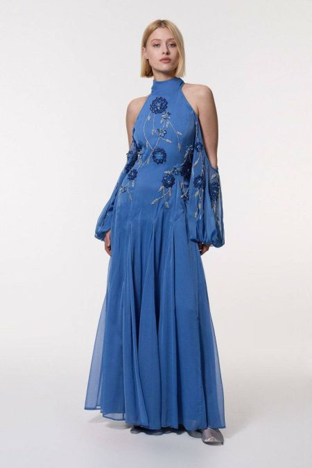 Blue Maxi Dresses Women Cold Shoulder 3D Floral Applique Woven Maxi Dress Karen Millen