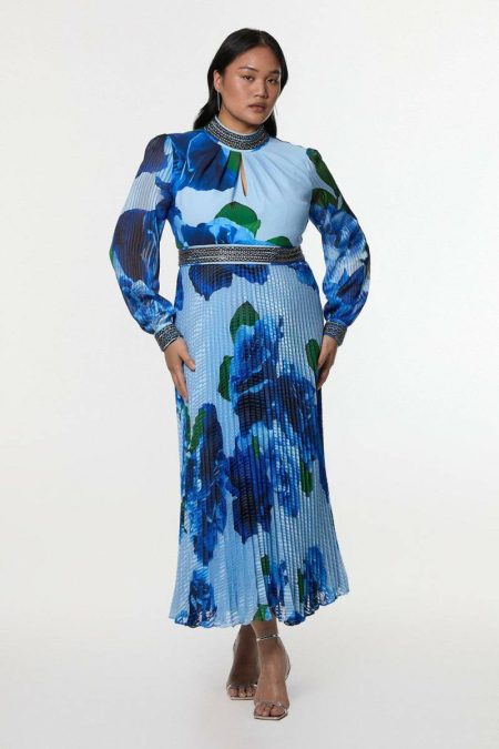 Blue Maxi Dresses Women Karen Millen Plus Size Diamante Trim Delicate Rose Woven Maxi Dress