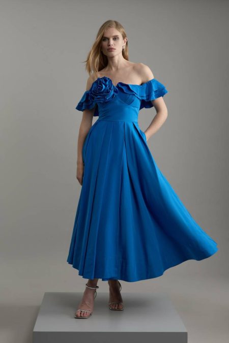Blue Petite Off The Shoulder Taffeta Woven Maxi Dress Women Tailoring Karen Millen