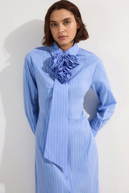 Blue Petite Stripe Cotton Rosette Woven Shirt Maxi Dress Karen Millen Women Maxi Dresses