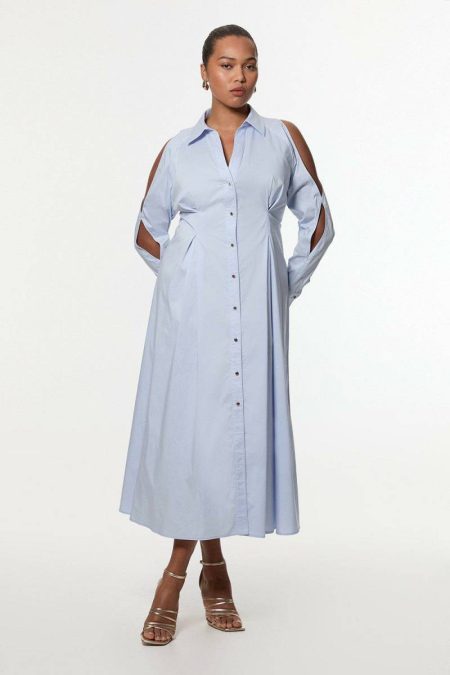 Blue Plus Size Cotton Poplin Woven Shirt Dress With Chain Detail Women Maxi Dresses Karen Millen