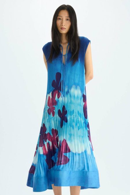 Blue/Purple Women Dresses Purificacion Garci Print Micro-Pleated Twill Midi Dress