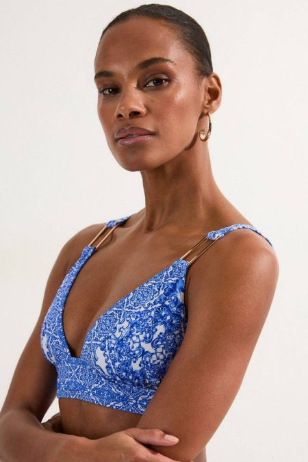 Blue Scarf Print Plunge Bikini Top Swimwear Multi Women Karen Millen