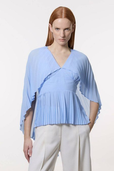 Blue Tailoring Women Karen Millen Pleated Cape Sleeve Plunge Neck Top