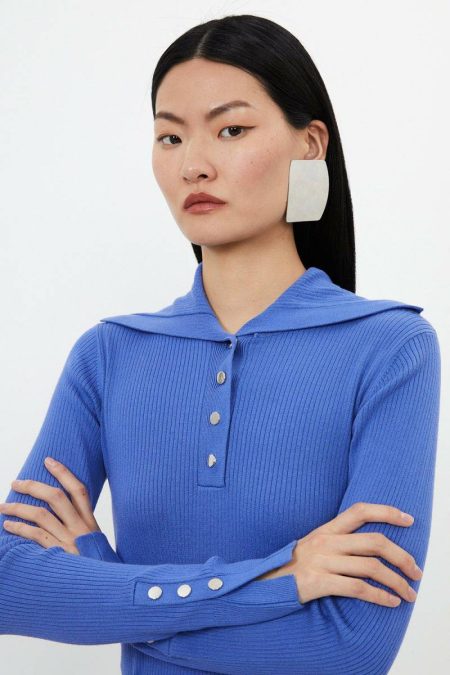 Blue Tailoring Women Viscose Blend Trimmed Collared Knit Top Karen Millen