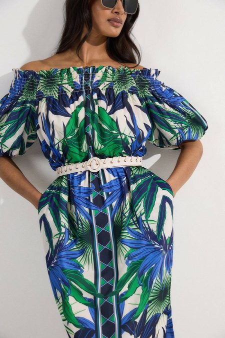 Blue Women Karen Millen Voile Mirrored Floral Woven Bardot Midi Dress Midi Dresses