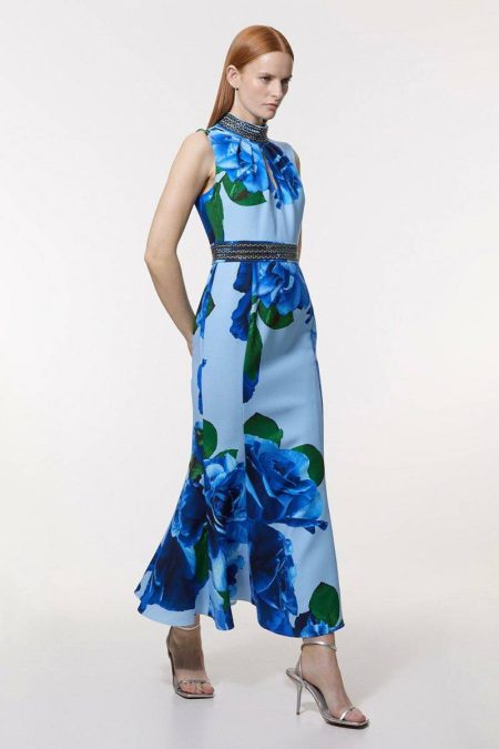 Blue Women Maxi Dresses Diamante Trim Rose Woven Maxi Dress Karen Millen