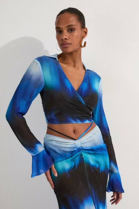 Blue Women Tops Beach Viscose Georgette Ombre Woven Wrap Top Karen Millen